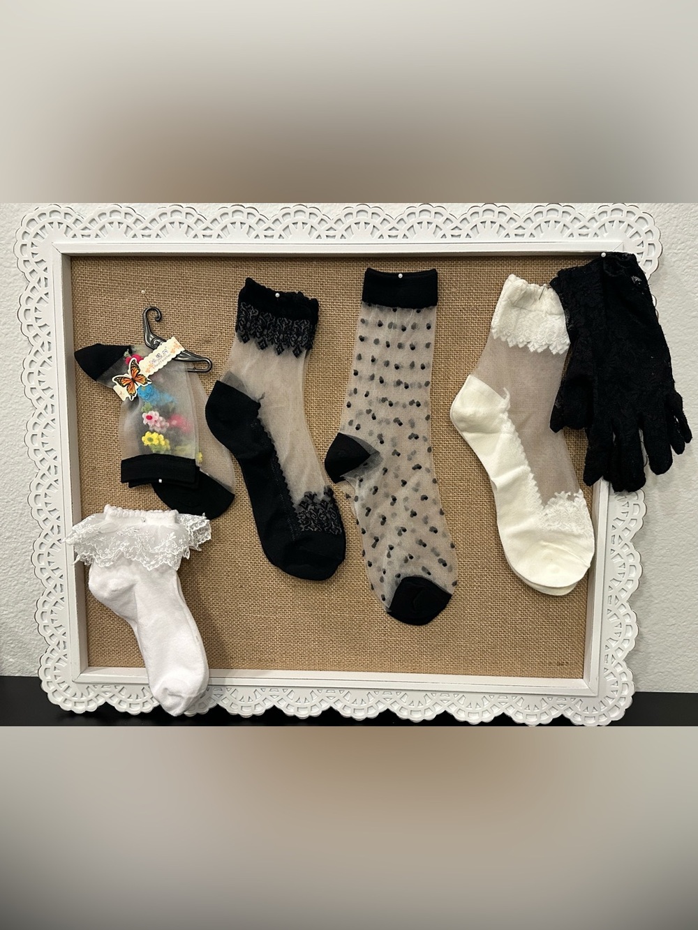 Lot of 5 Pairs of Beautiful Sheer and Lace Socks and 1 Pair of Black Lace Gloves